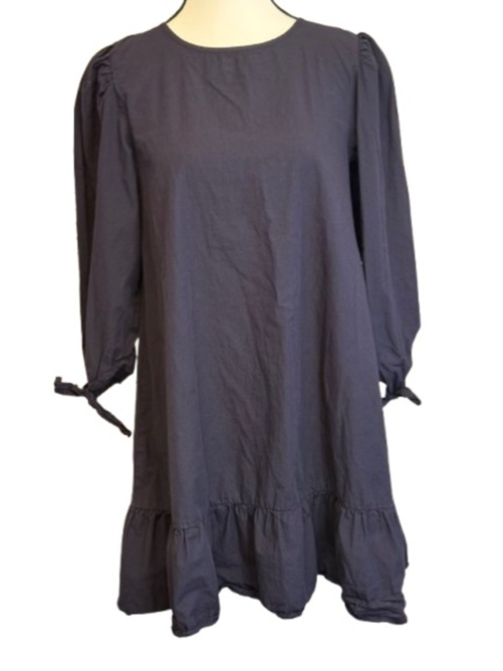ABLE Navy Blue Cotton Dress Size Small Puff Sleeve Ruffle Hem